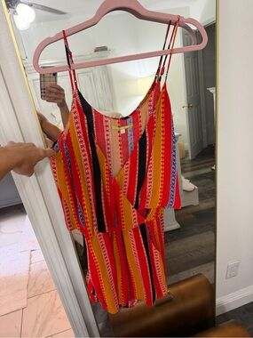 Gianni Bini Red, Mustard & Black Striped V-Neck Romper